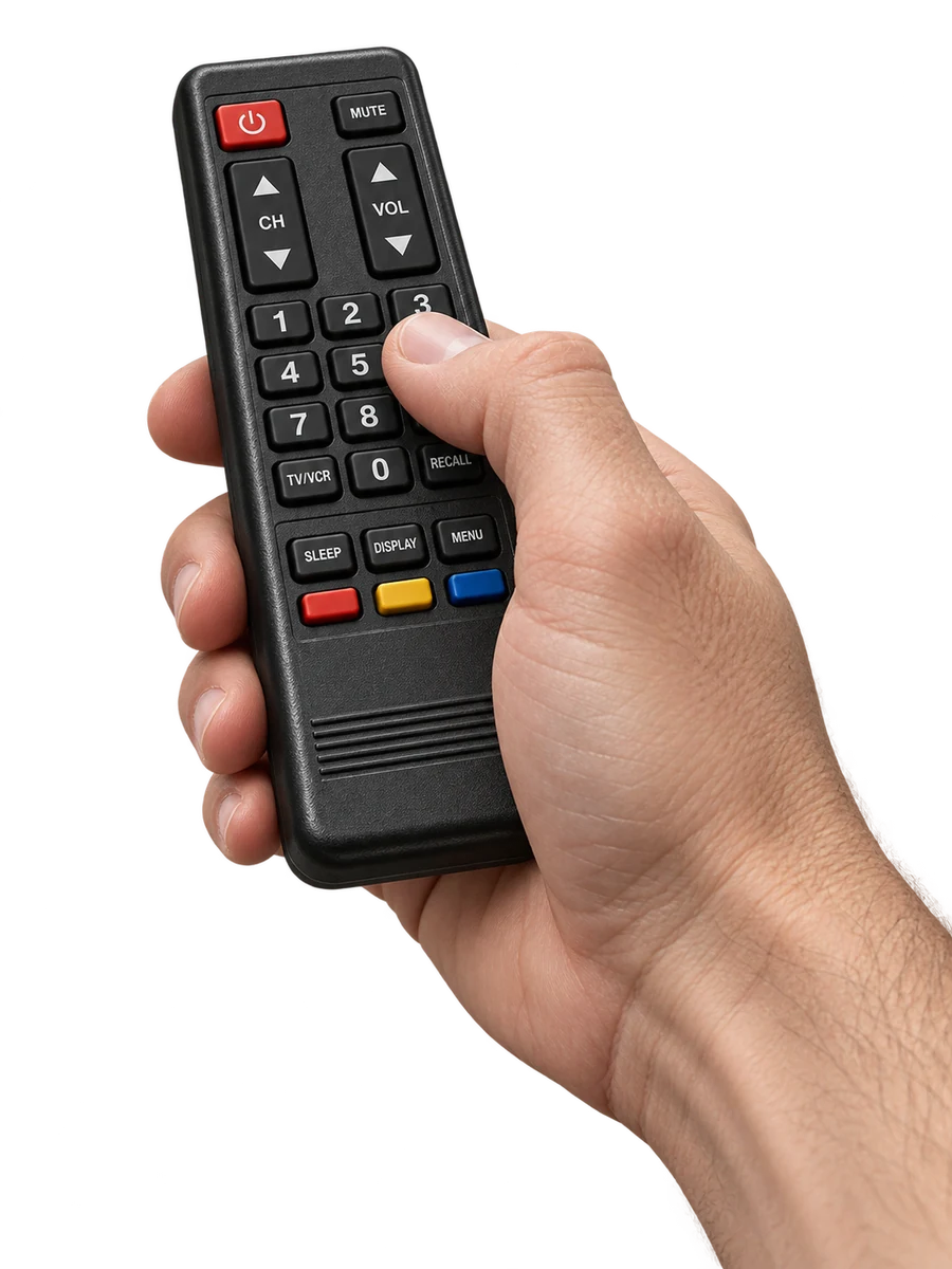 A hand holding a television remote. Press the red power button to turn on.